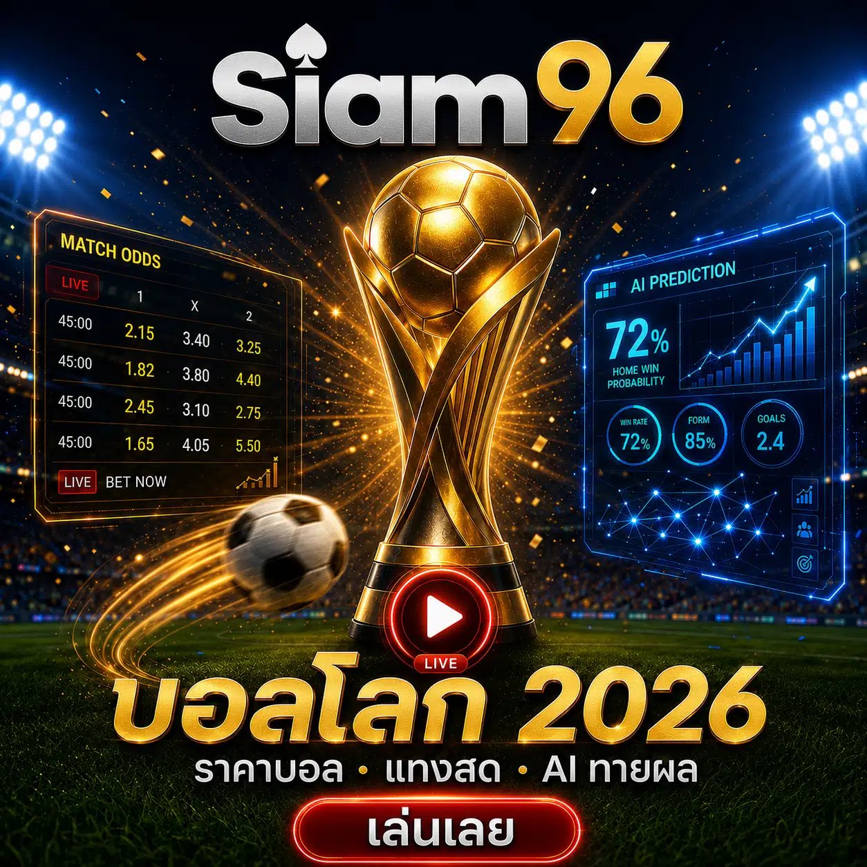 คู่มือแทงบอลโลก 2026 ฉบับสมบูรณ์ คู่มือแทงบอลโลก 2026 ฉบับสมบูรณ์: 3 เครื่องมือเด็ดบน Siam96 — SBOBET, LIVE SPORT, AI Prediction ใช้ยังไงให้คุ้ม?